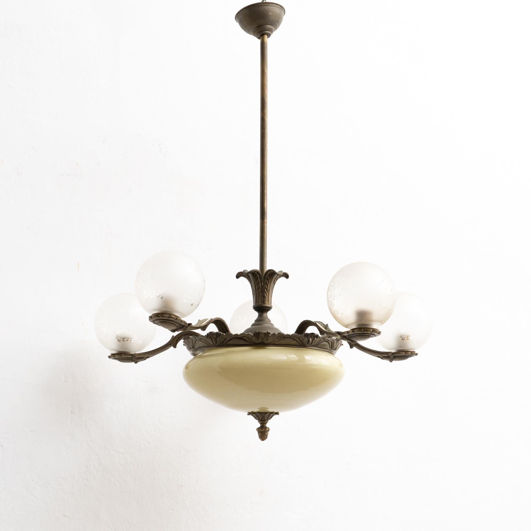 Vintage French Metal and Glass Ceiling Lamp circa 1940 In Good Condition In Barcelona, Barcelona