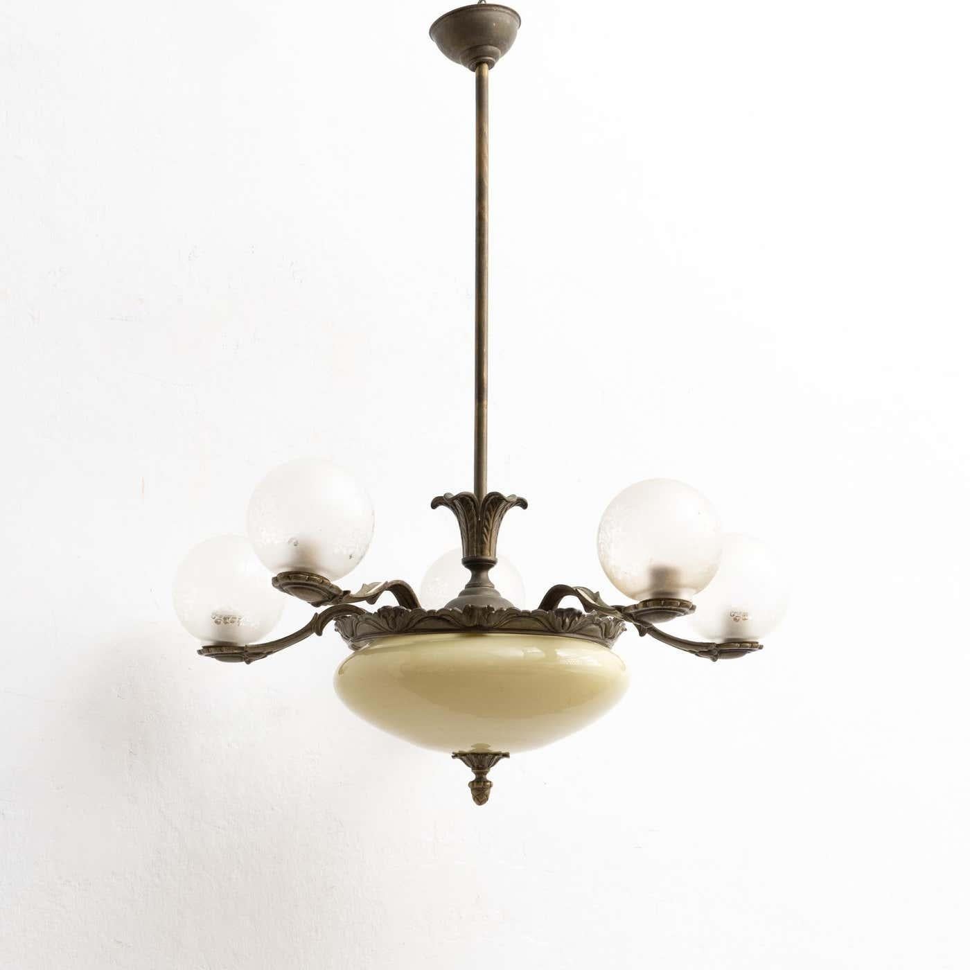 Vintage French Metal and Glass Ceiling Lamp circa 1940 In Good Condition For Sale In Barcelona, ES