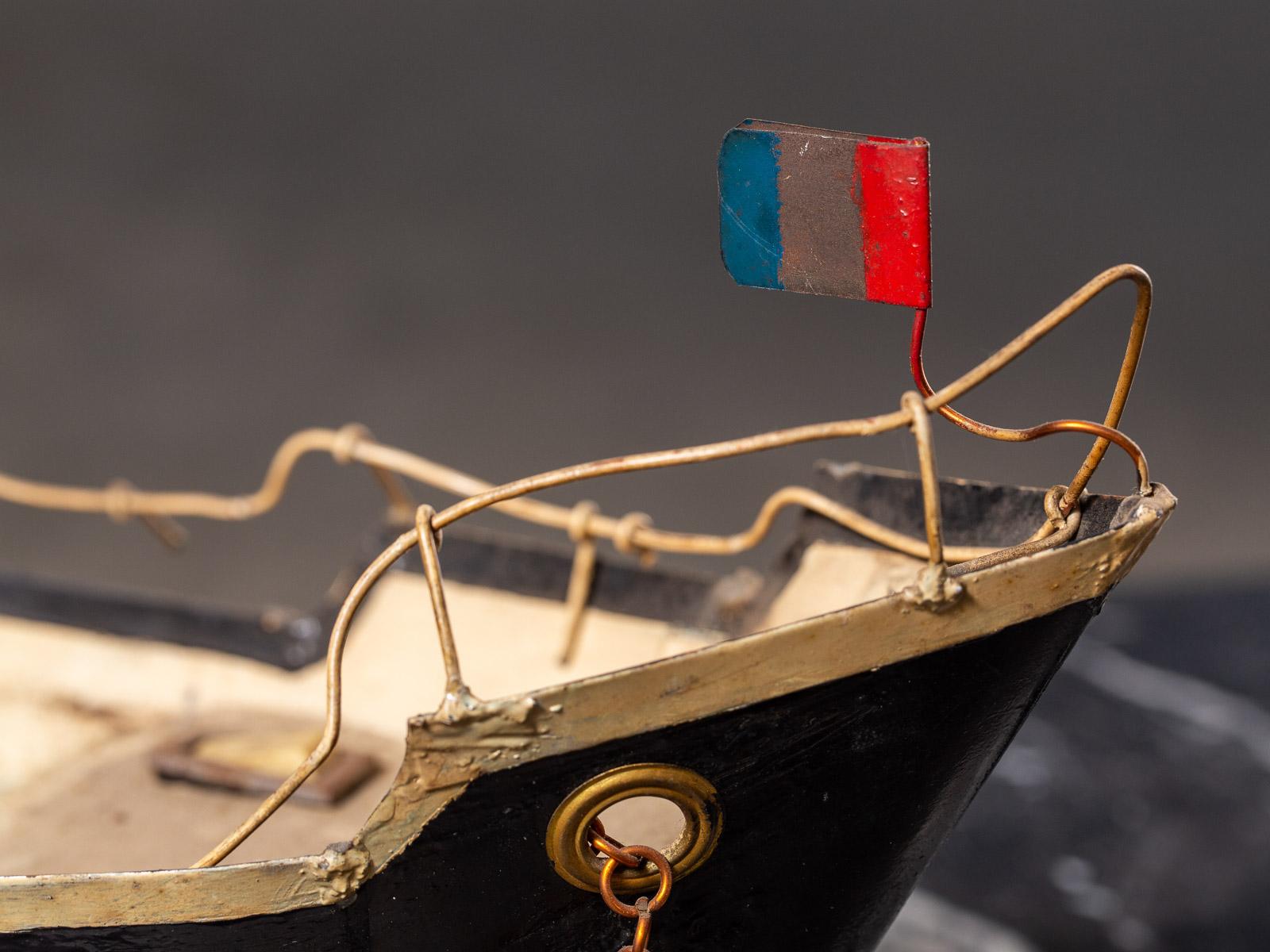 Vintage French Metal Freighter Toy Boat circa 1950 Original Painted Finish 9