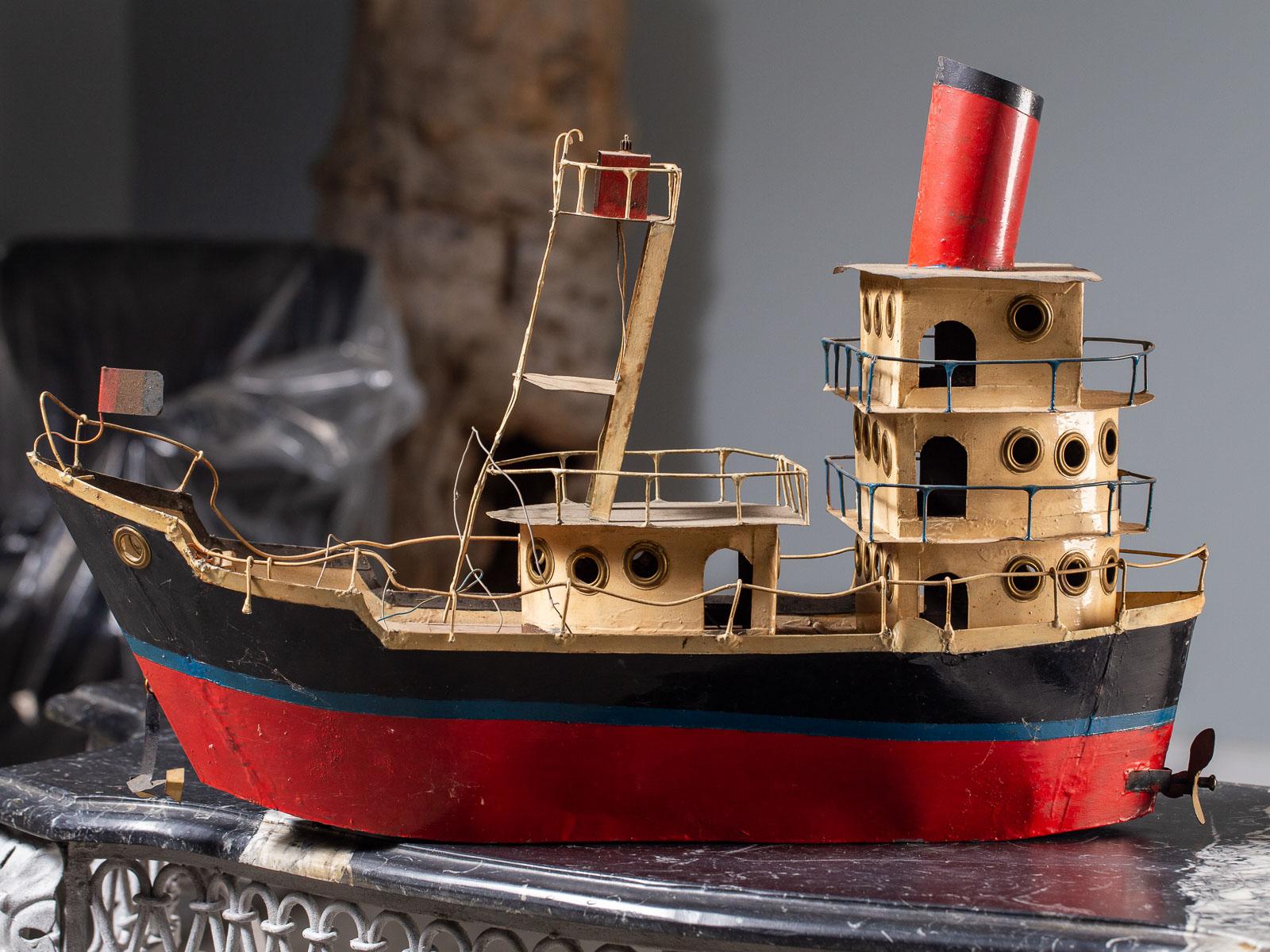 Vintage French Metal Freighter Toy Boat circa 1950 Original Painted Finish 12