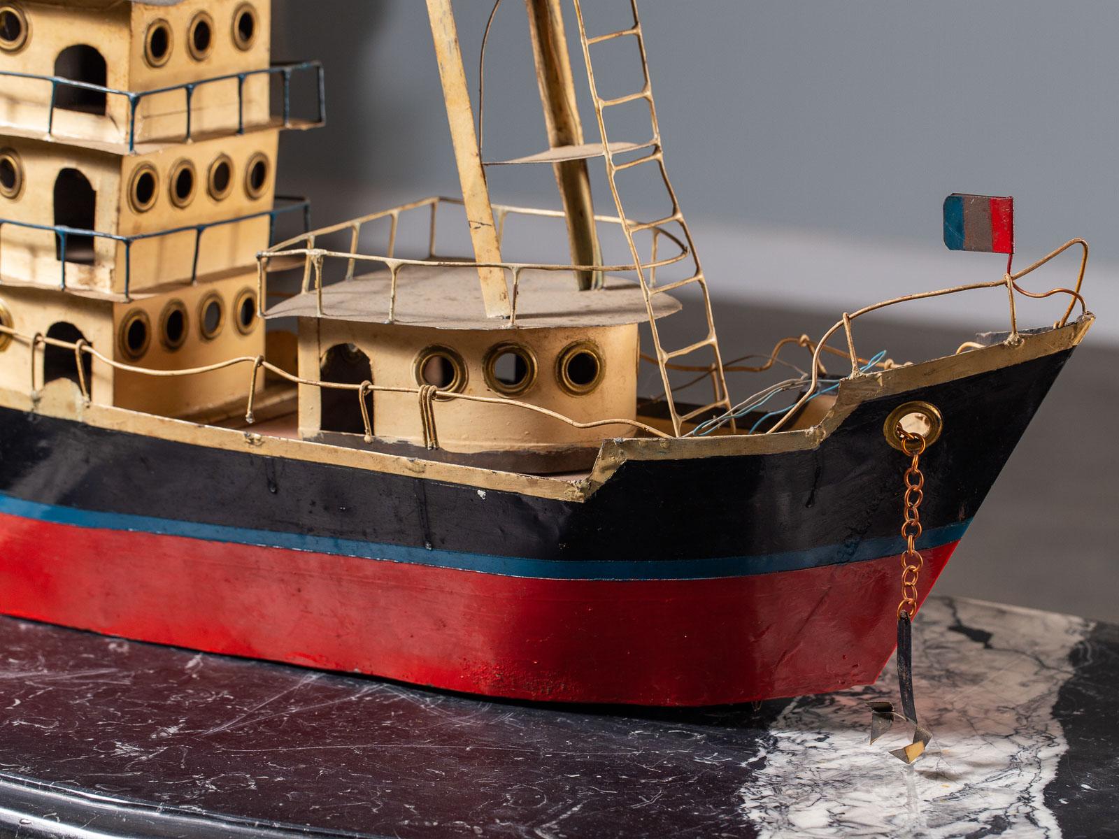 Vintage French Metal Freighter Toy Boat circa 1950 Original Painted Finish In Fair Condition In Houston, TX