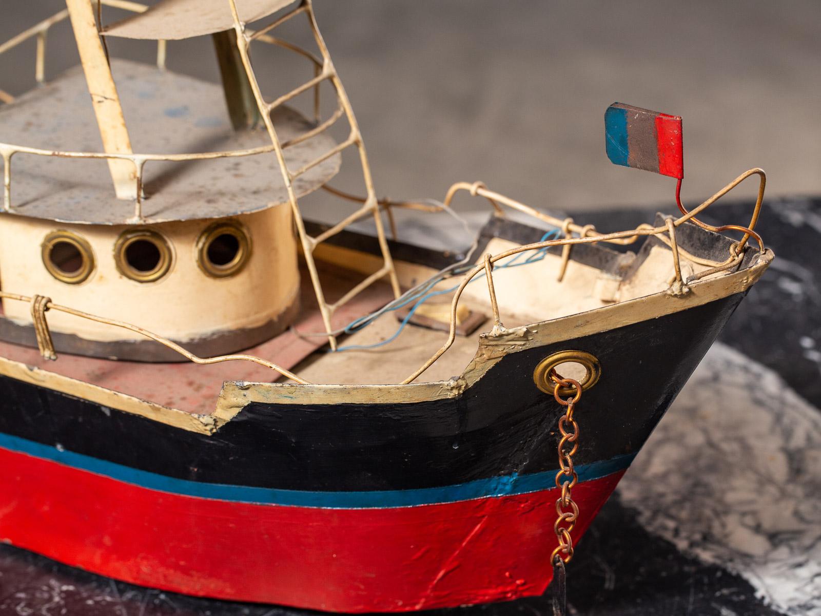 Vintage French Metal Freighter Toy Boat circa 1950 Original Painted Finish 2