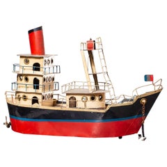 Vintage French Metal Freighter Toy Boat circa 1950 Original Painted Finish
