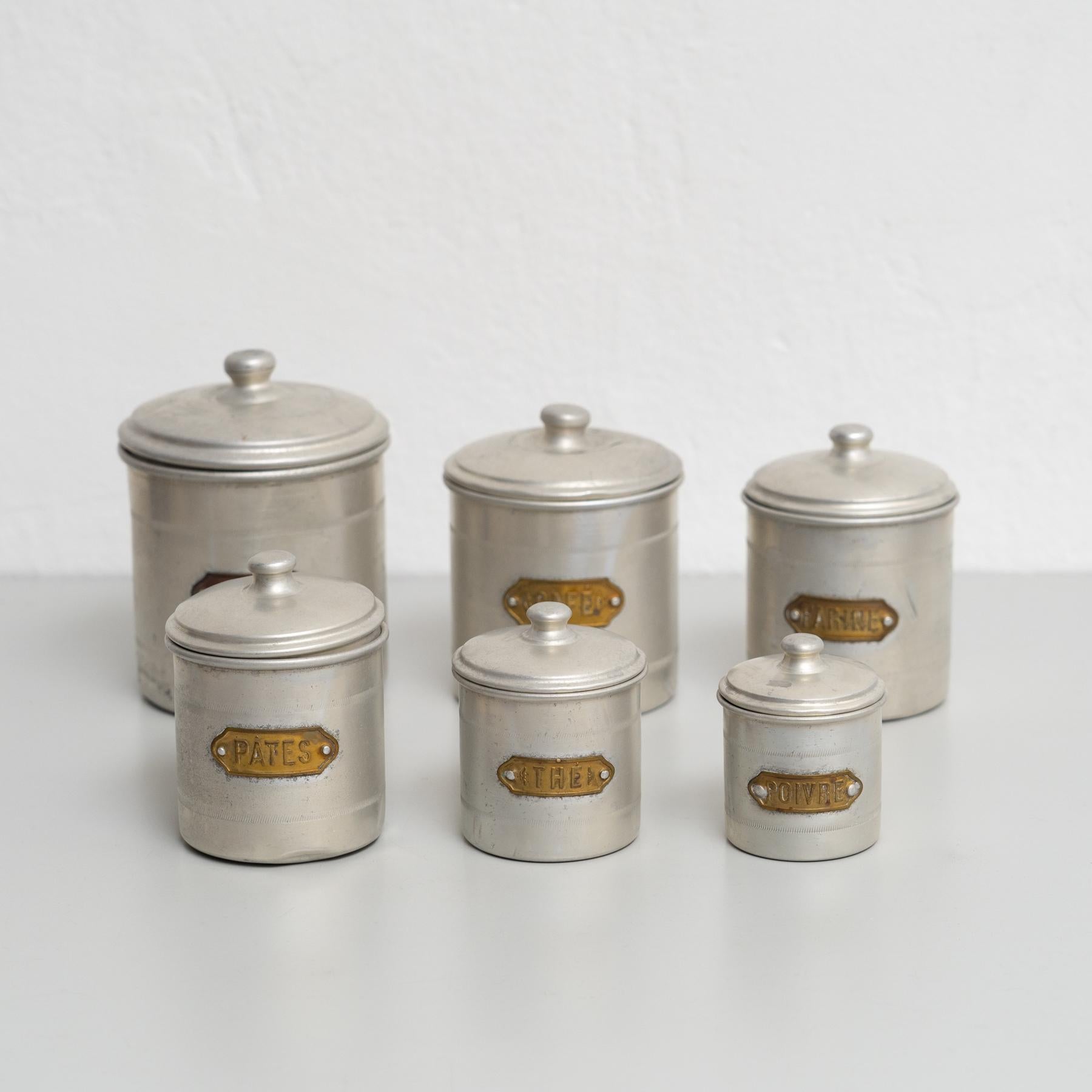 Mid-Century Modern Vintage French Metal Pot Set – Early 20th Century Coffee, Pepper, Sugar Storage For Sale