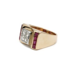 Vintage French Mid-Century 18K Yellow Gold “Tank-Style” Diamond & Ruby Ring