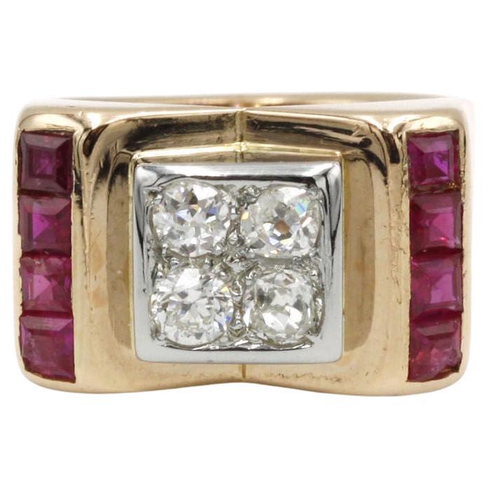 Vintage French Mid-Century 18K Yellow Gold “Tank-Style” Diamond & Ruby Ring For Sale