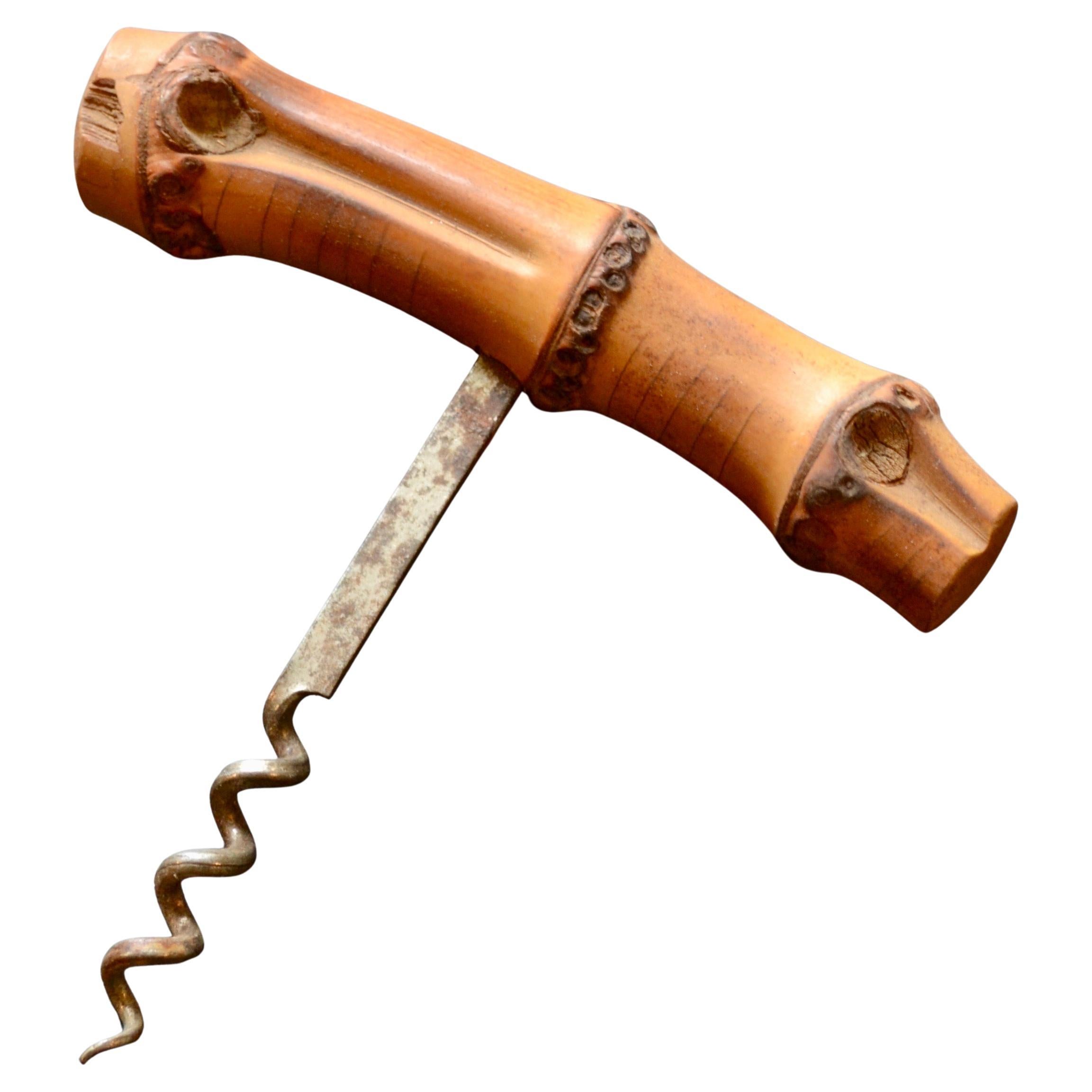 Vintage French Mid-Century Corkscrew with Bamboo Handle, 1950s