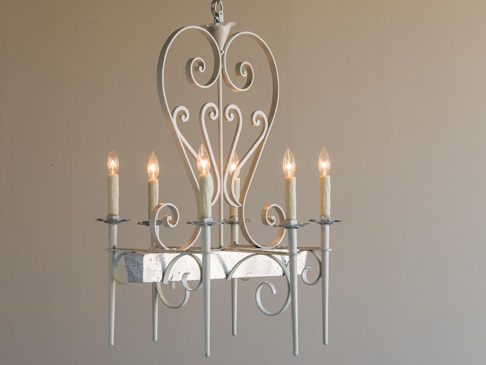 Iron Vintage French Midcentury Painted Silver Leaf Chandelier, France, circa 1950