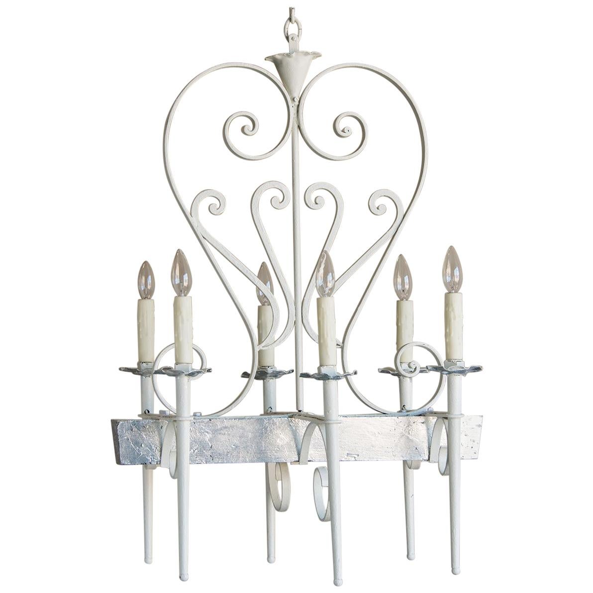 Vintage French Midcentury Painted Silver Leaf Chandelier, France, circa 1950