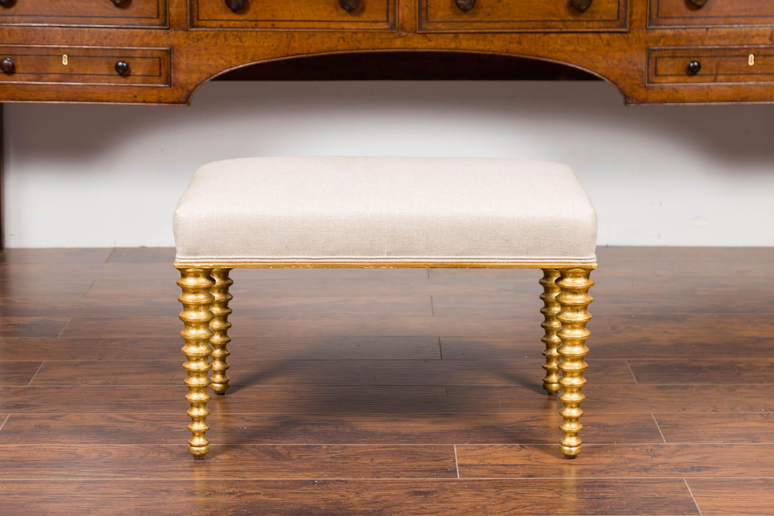 Mid-Century Modern Vintage French Midcentury Giltwood Bench with Spool Legs and New Upholstery