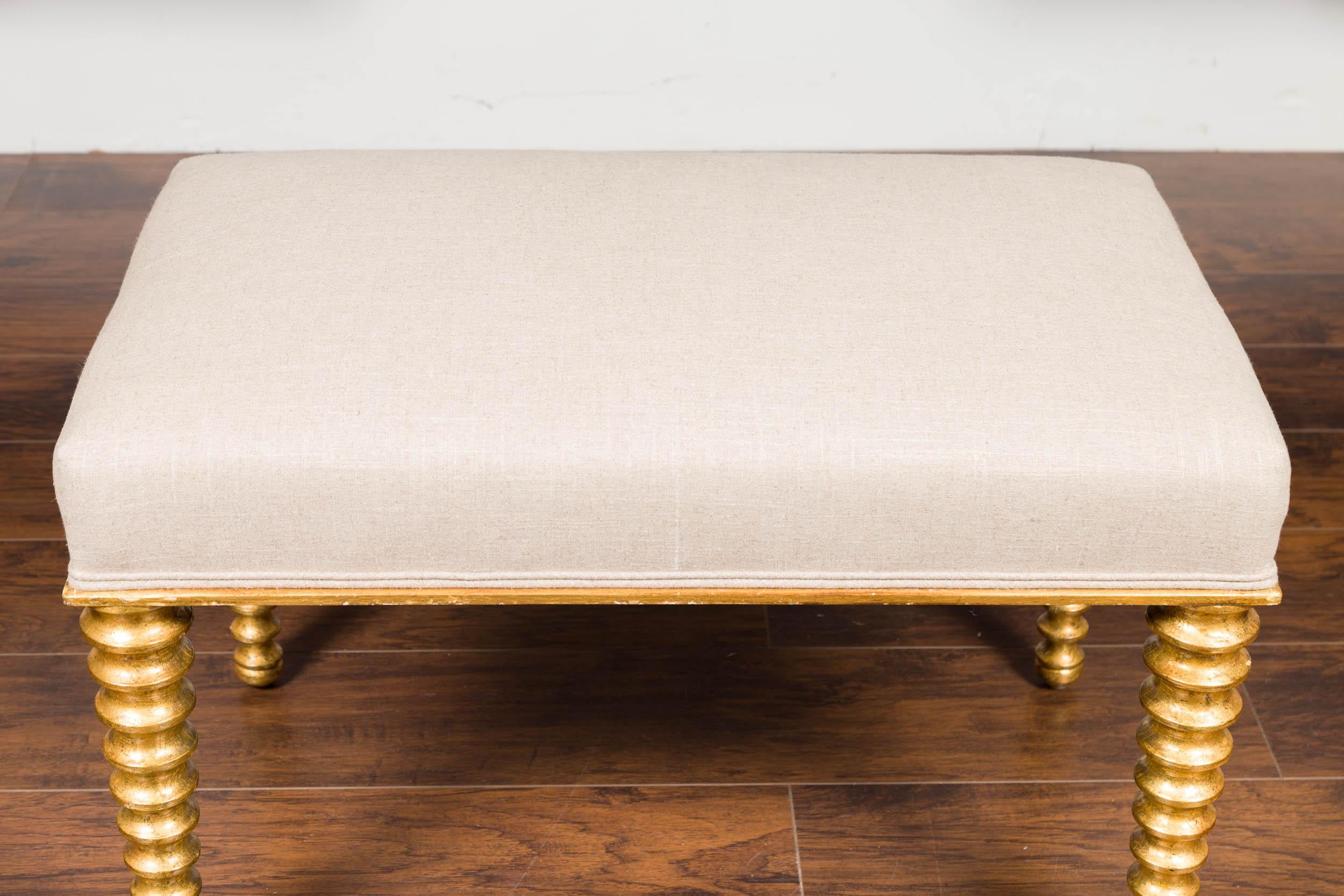 20th Century Vintage French Midcentury Giltwood Bench with Spool Legs and New Upholstery