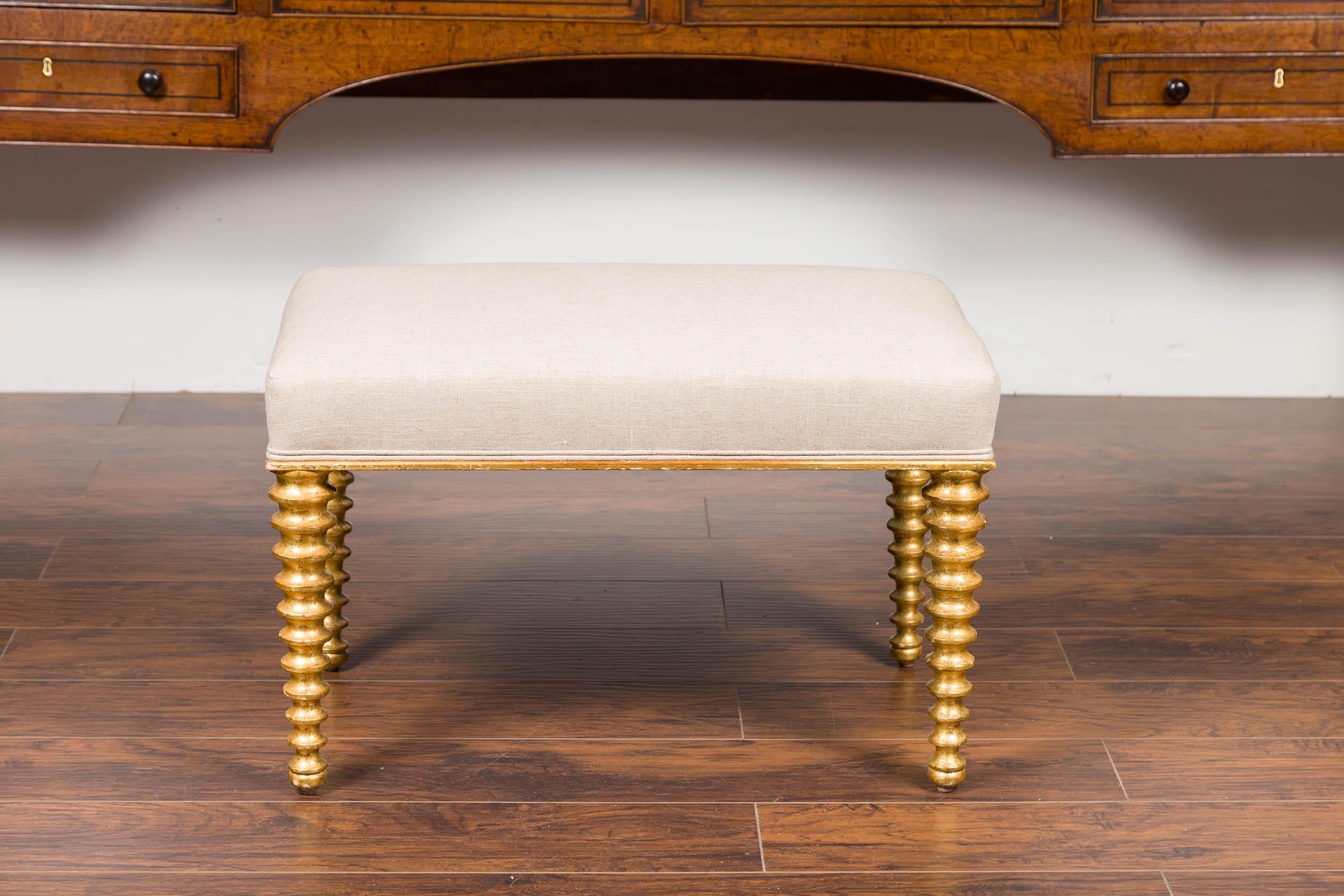 Vintage French Midcentury Giltwood Bench with Spool Legs and New Upholstery 3