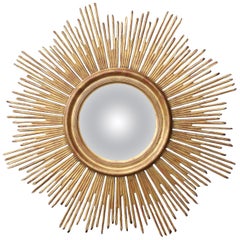 Vintage French Midcentury Giltwood Sunburst with Convex Mirror, circa 1950