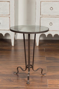 Vintage French Midcentury Iron Drink Table with Mirrored Top and Tripod Base