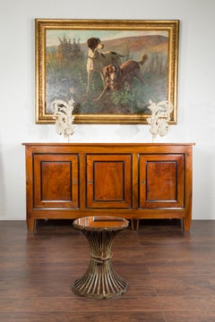 Vintage French Midcentury Metal Side Table with Reed Motifs and Mirrored Top