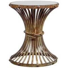 Vintage French Midcentury Metal Side Table with Reed Motifs and Mirrored Top