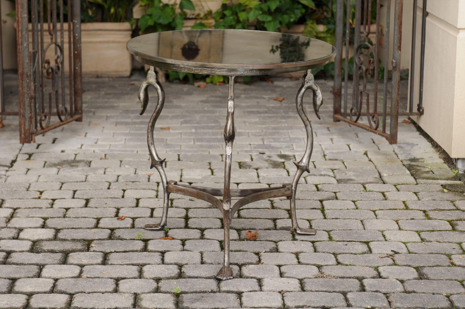 Vintage French Midcentury Steel Round Table with Swan Motifs and Mirrored Top For Sale 2