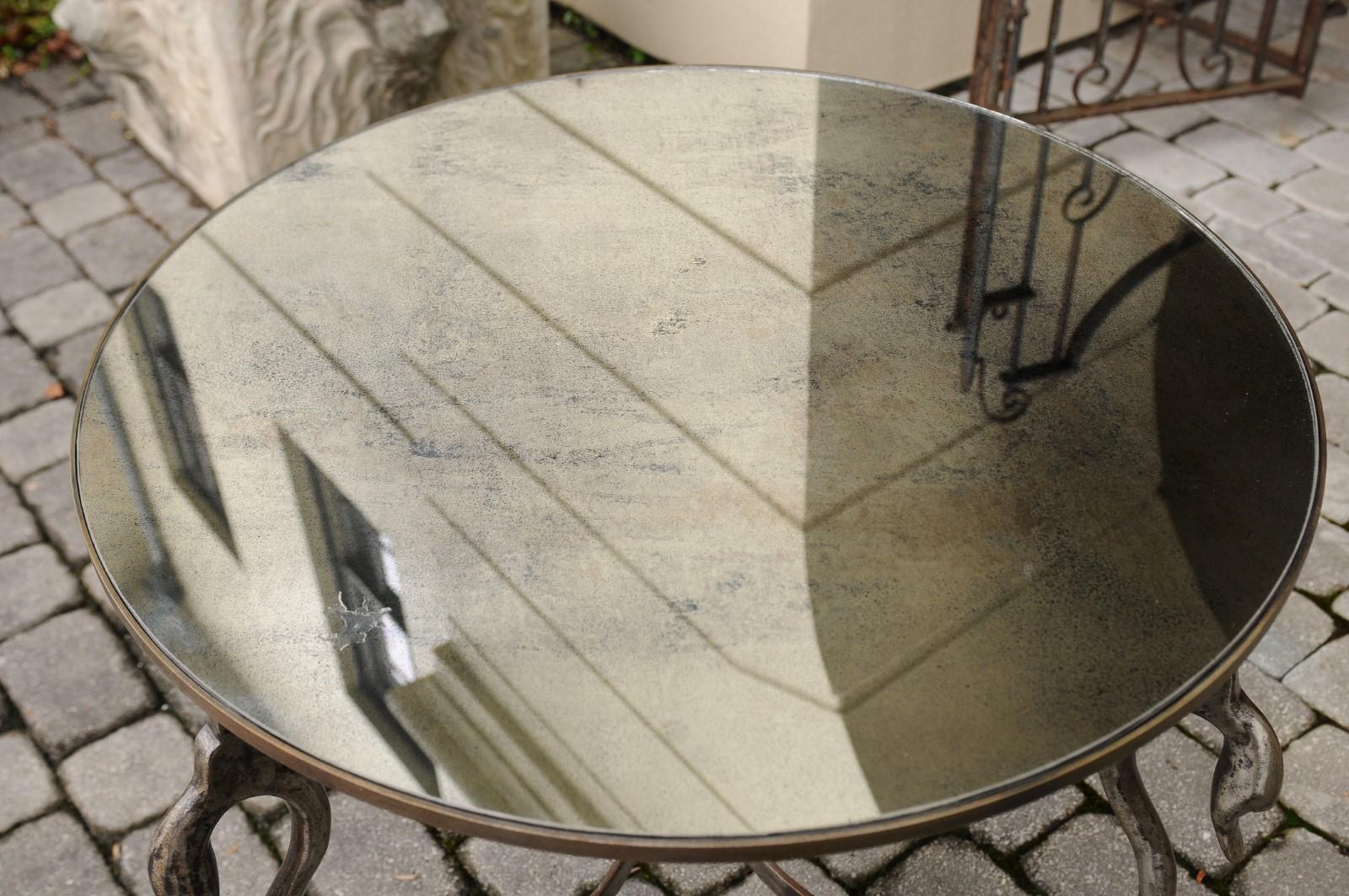 Vintage French Midcentury Steel Round Table with Swan Motifs and Mirrored Top For Sale 4