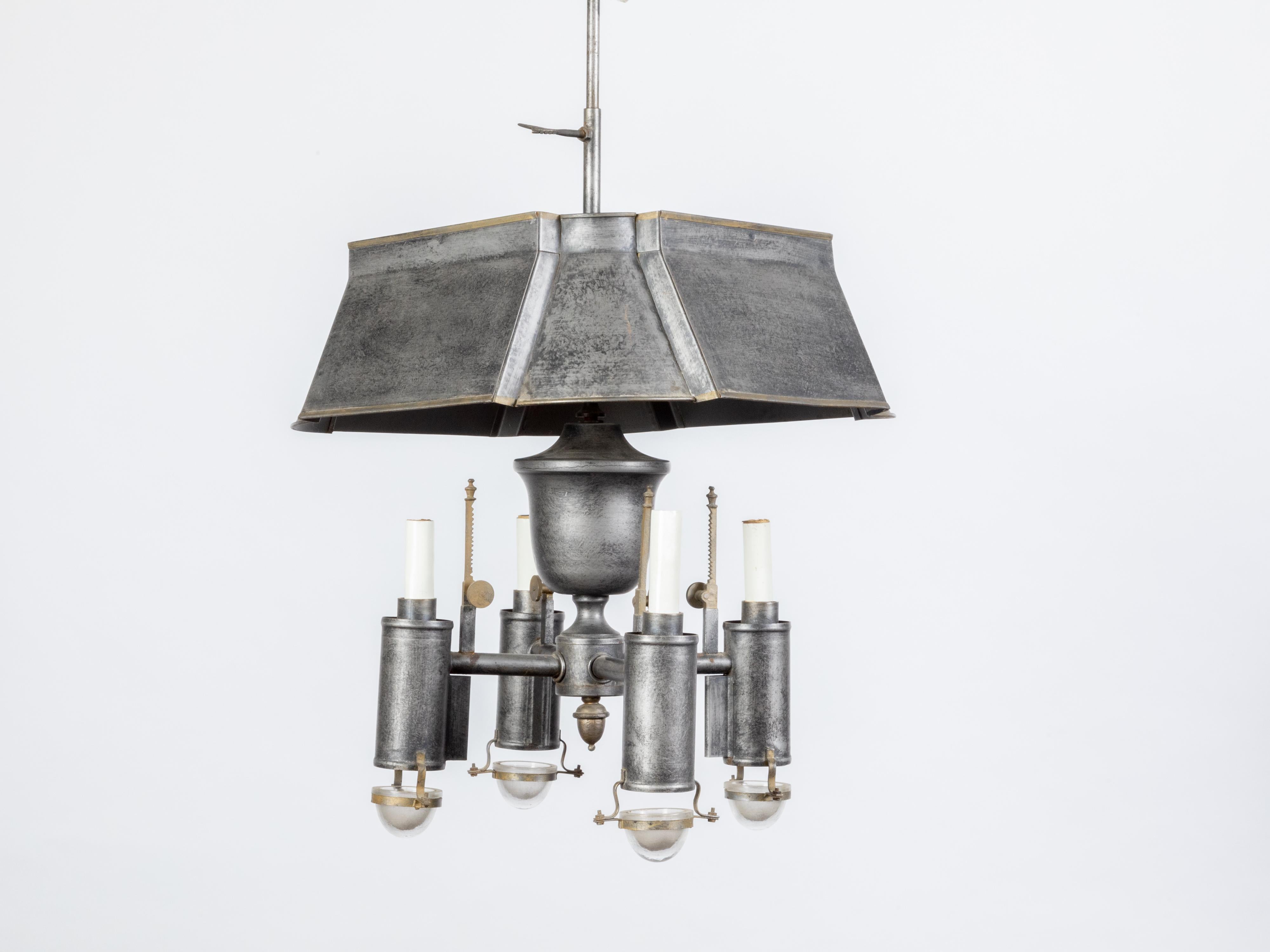 Mid-Century Modern Vintage French Midcentury Tôle Chandelier with Four Lights and Glass Cups 