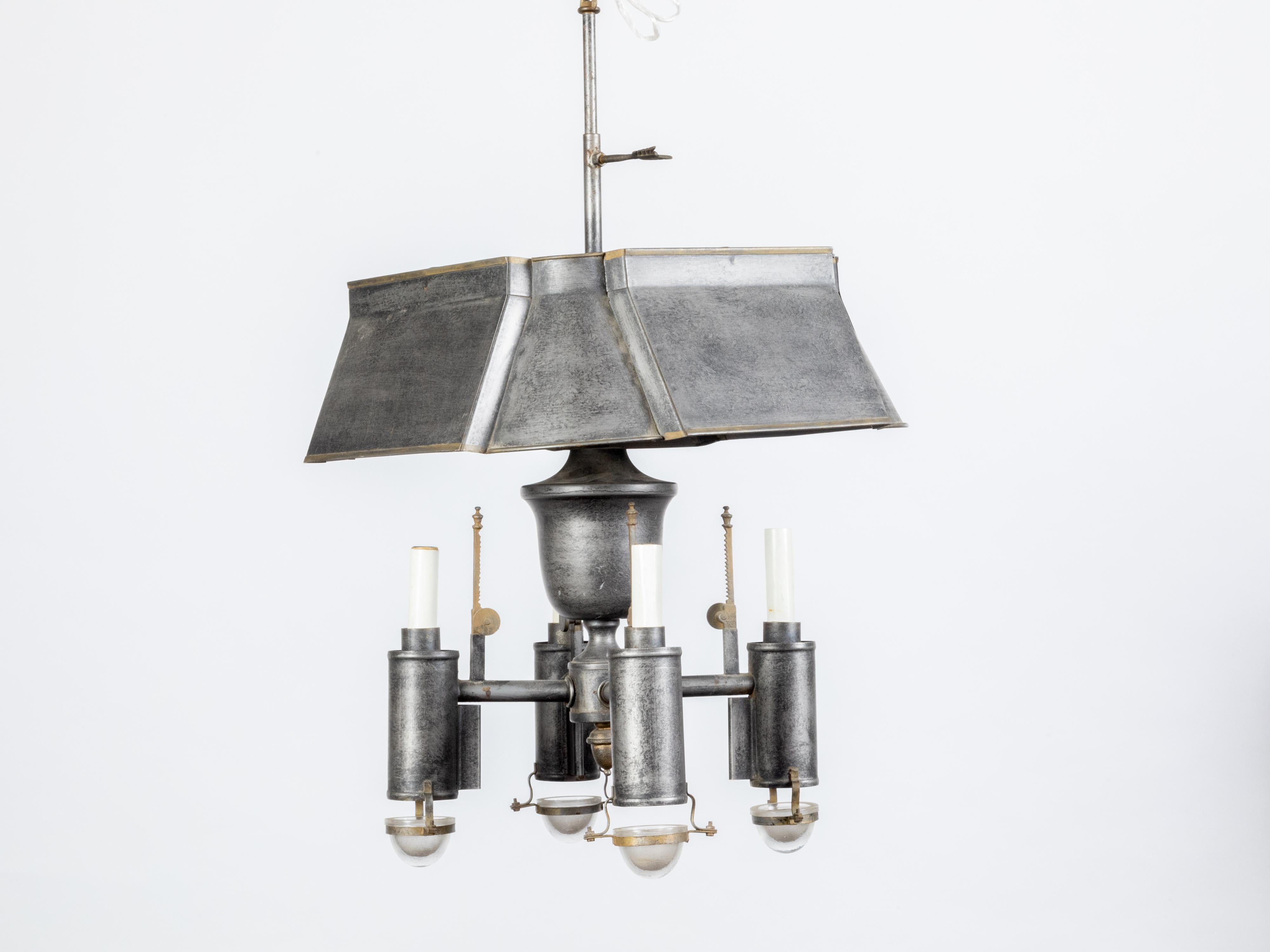 20th Century Vintage French Midcentury Tôle Chandelier with Four Lights and Glass Cups 