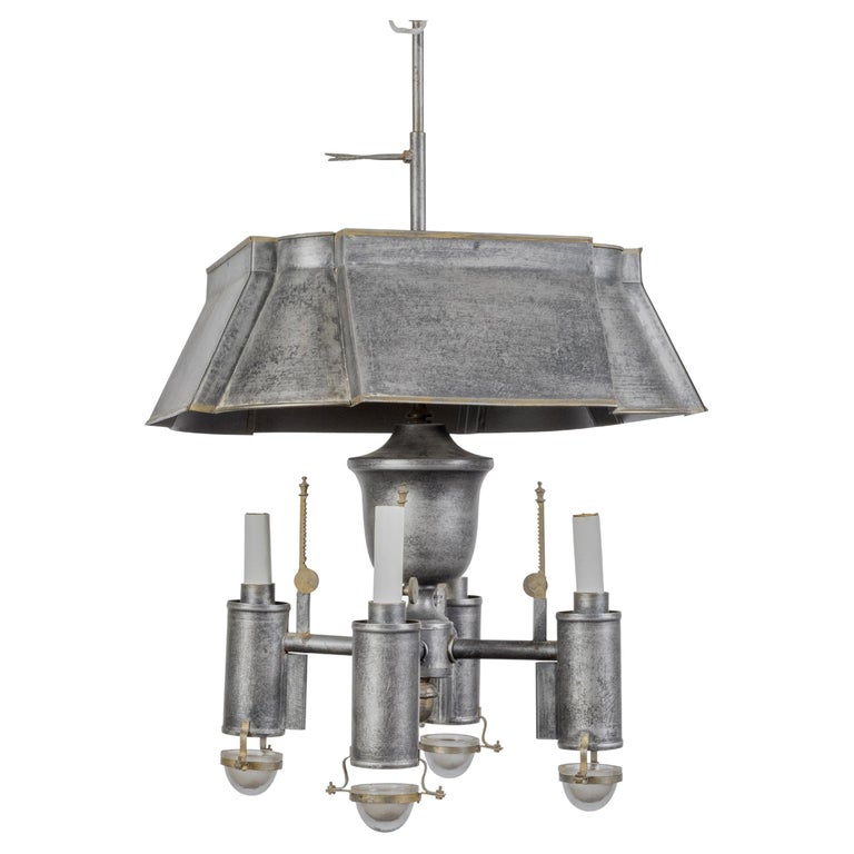 Vintage French Midcentury Tôle Chandelier with Four Lights and Glass