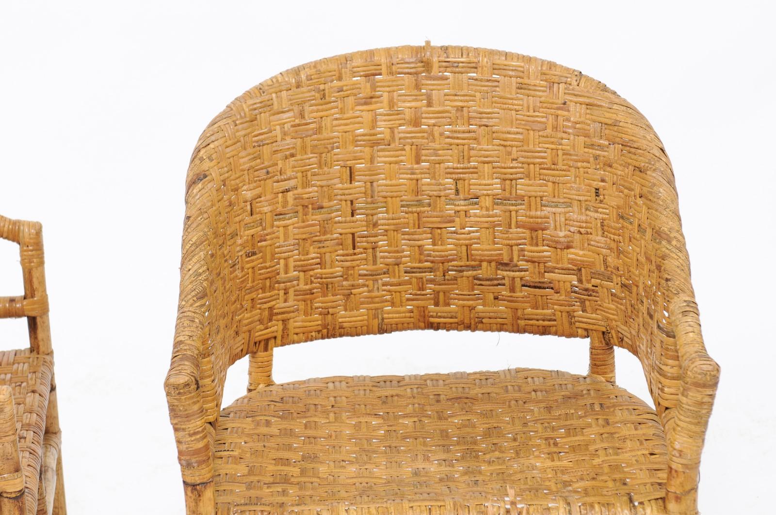 Vintage French Midcentury Woven Rattan and Bamboo Chairs In Fair Condition In Atlanta, GA