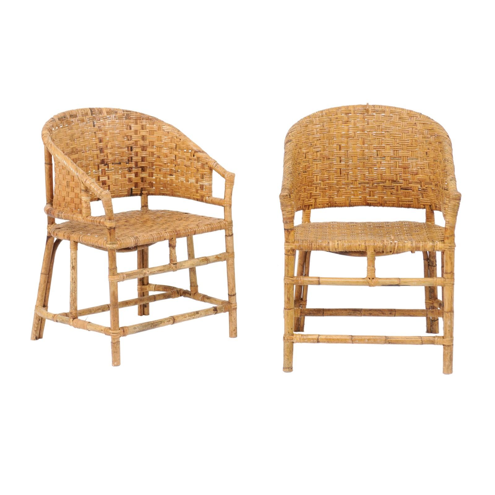 Vintage French Midcentury Woven Rattan and Bamboo Chairs