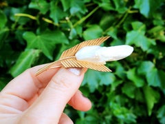 Vintage French Mississippi River Pearl Yellow Gold Feather Brooch, 1950