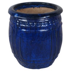 Used French Modern Blue Glazed Ceramic Jardinière Urn Planter Pot 19"