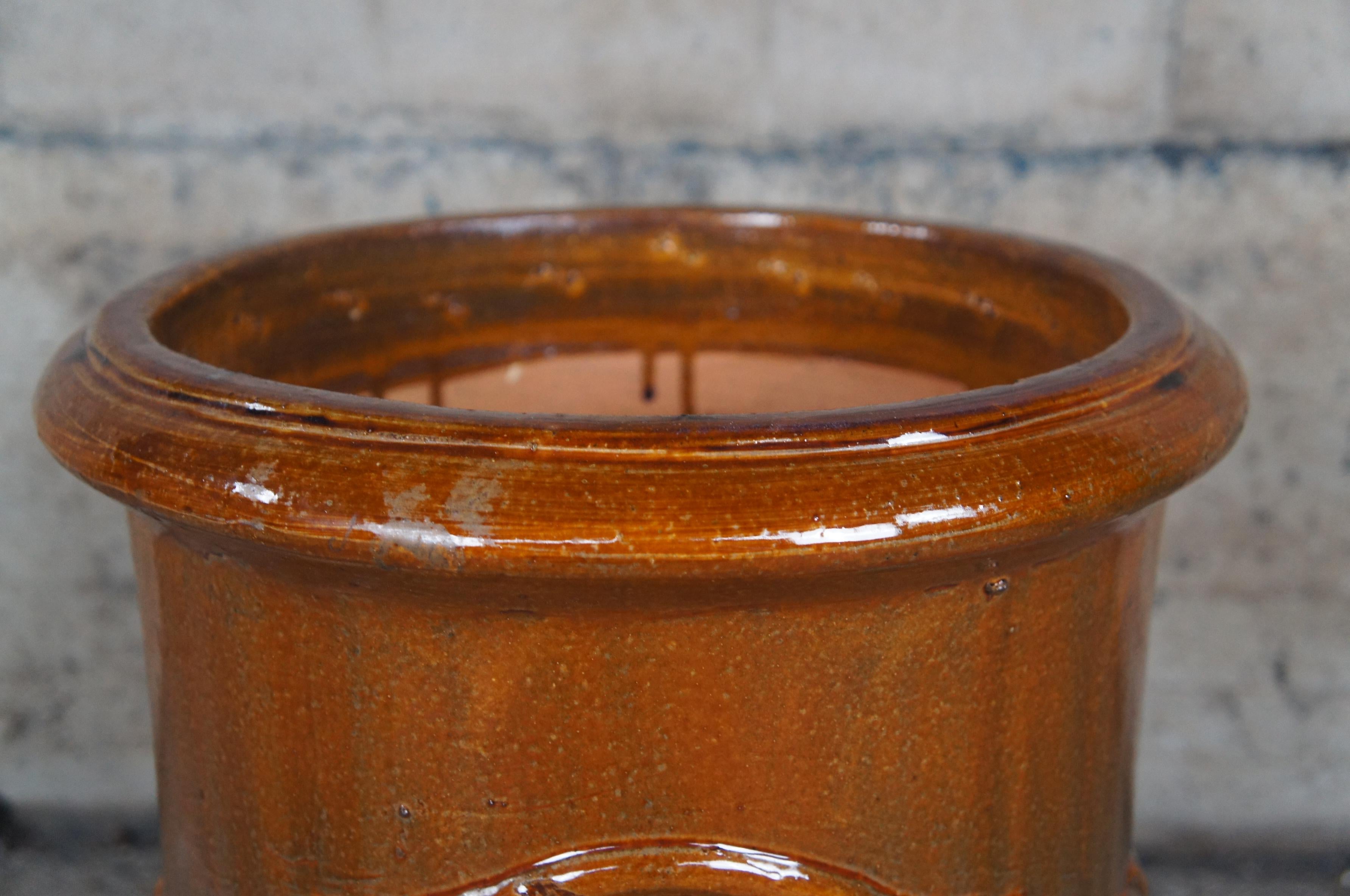 Vintage Französisch Moderne Brown glasiert Keramik Jardinière Urne Pflanzer Medaillon 17