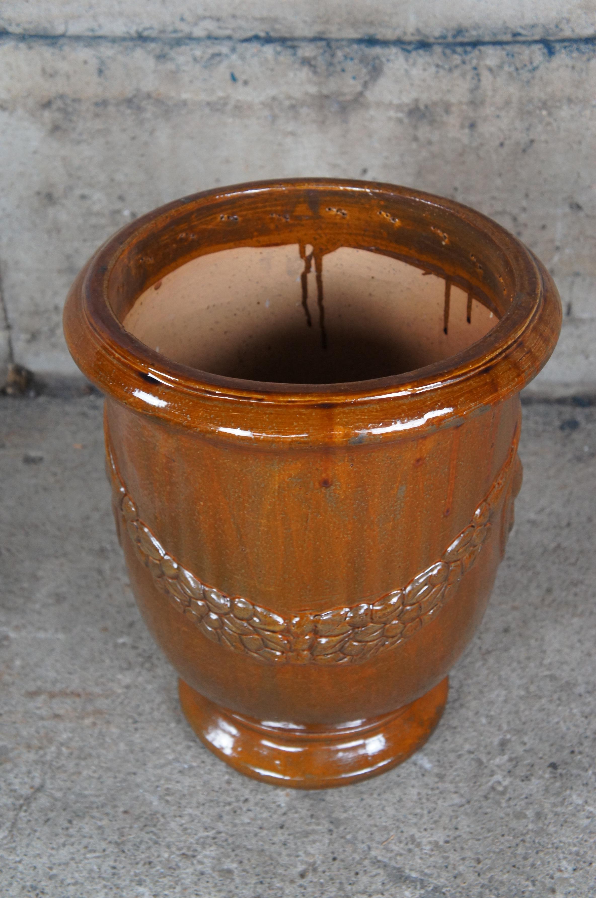 20th Century Vintage French Modern Brown Glazed Ceramic Jardinière Urn Planter Medallion 17