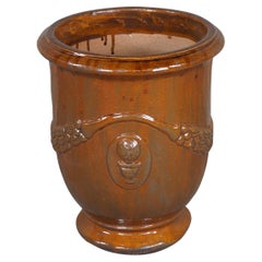Vintage Französisch Moderne Brown glasiert Keramik Jardinière Urne Pflanzer Medaillon 17"