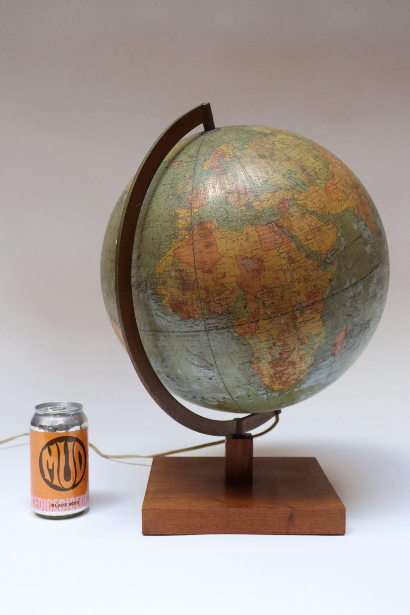 Patinated Vintage French Modern Illuminated Glass Globe Terrestre by Girard et Barrère For Sale