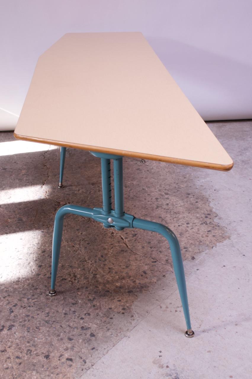 Enameled Vintage French Modern Laminated Plywood and Steel Adjustable Writing Table