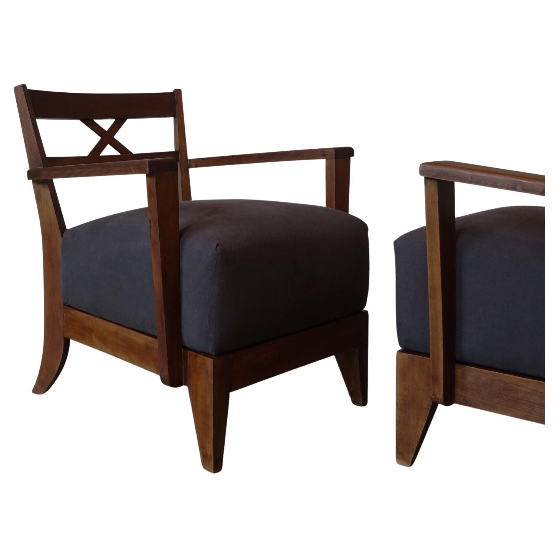 Vintage French Modernist Oak Lounge Chairs, 1940's, Belgian Linen Upholstery, 2 For Sale