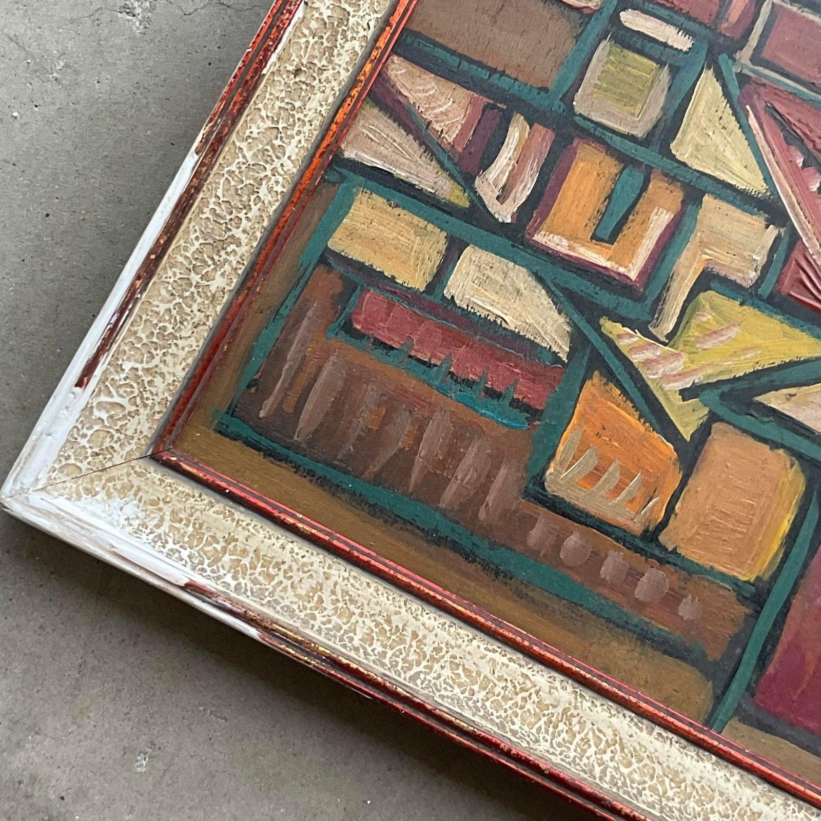 A fabulous vintage Boho original oil painting. A beautiful French abstract signed by the artist. Beautiful warm colors in this bold composition. Acquired from a Miami estate.

The painting is in great vintage condition. Minor scuffs and blemishes