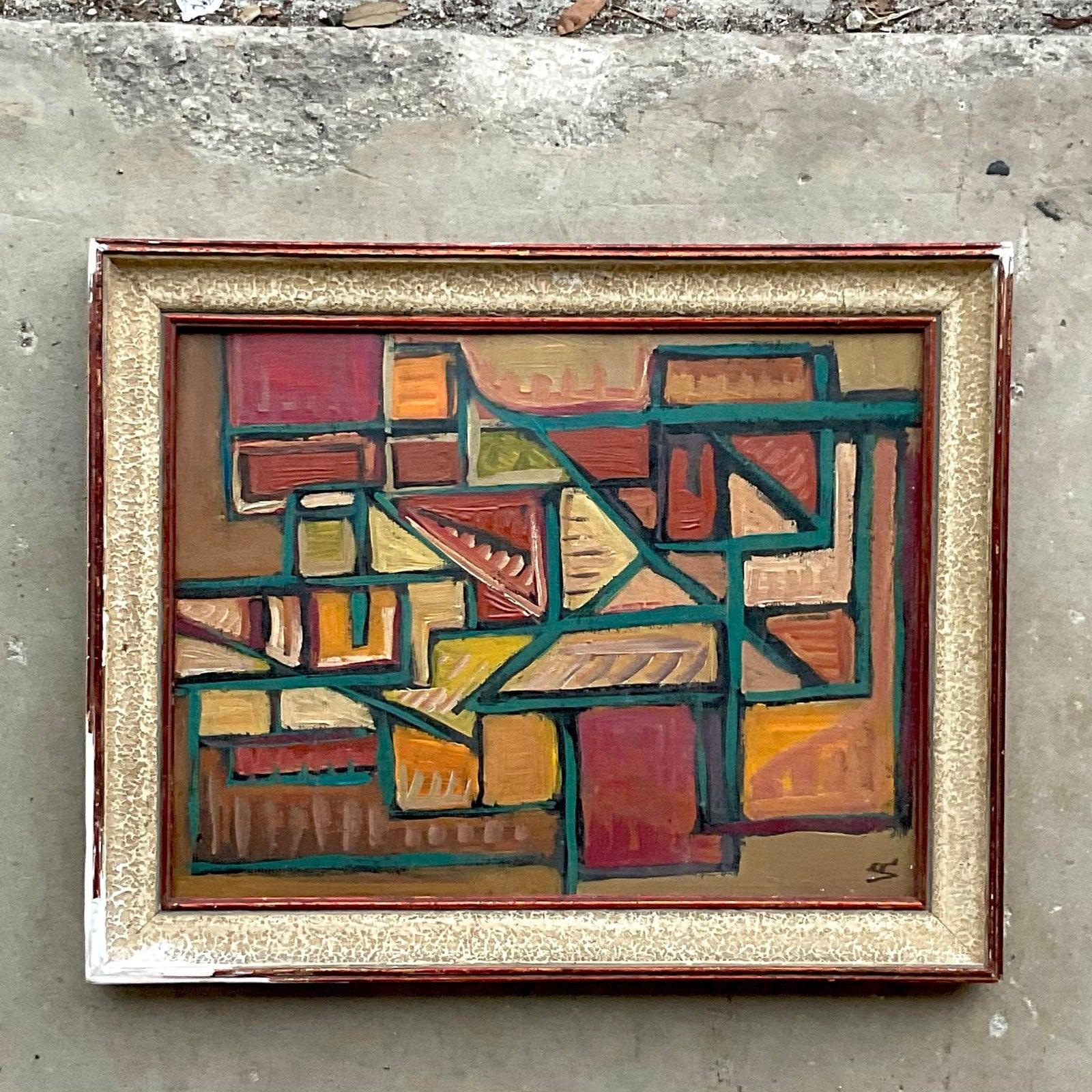 Vintage French Modernist Signed Abstract Original Oil Painting on Canvas In Fair Condition For Sale In west palm beach, FL