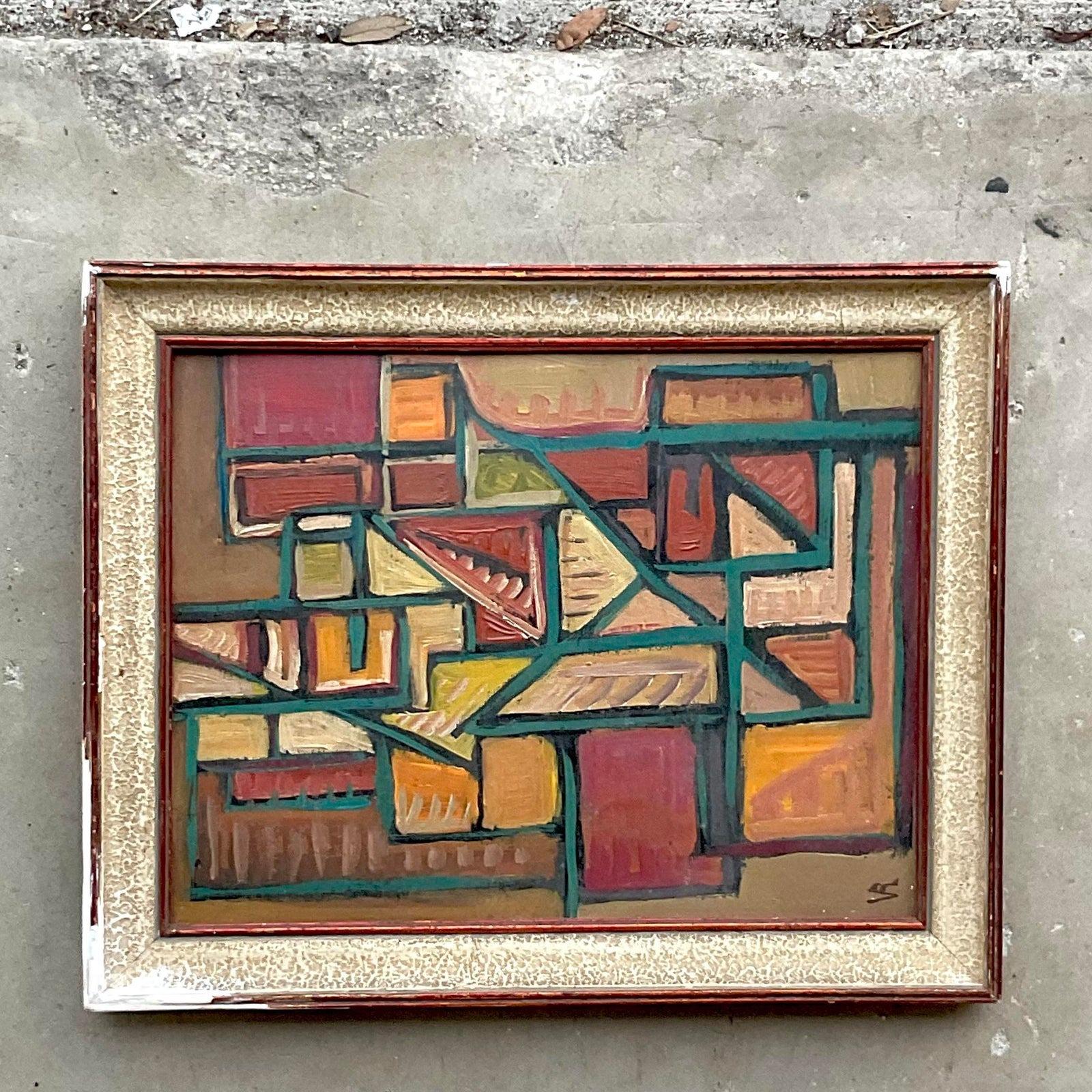 Vintage French Modernist Signed Abstract Original Oil Painting on Canvas For Sale 1
