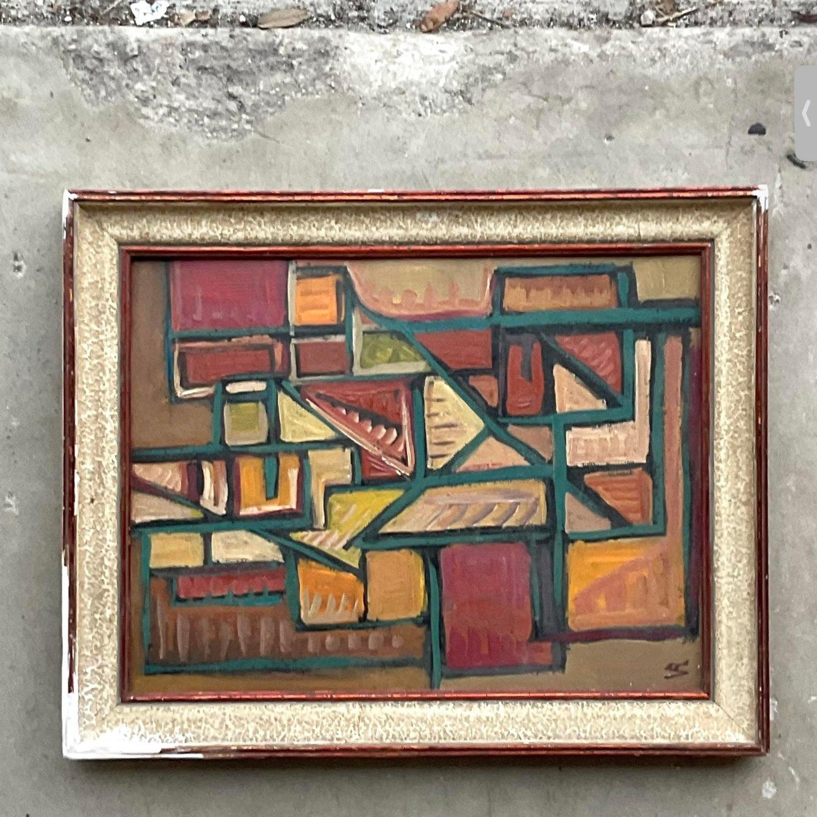 Vintage French Modernist Signed Abstract Original Oil Painting on Canvas For Sale 2
