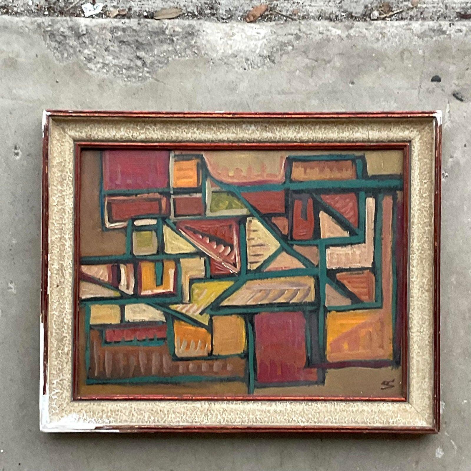 Vintage French Modernist Signed Abstract Original Oil Painting on Canvas For Sale 3