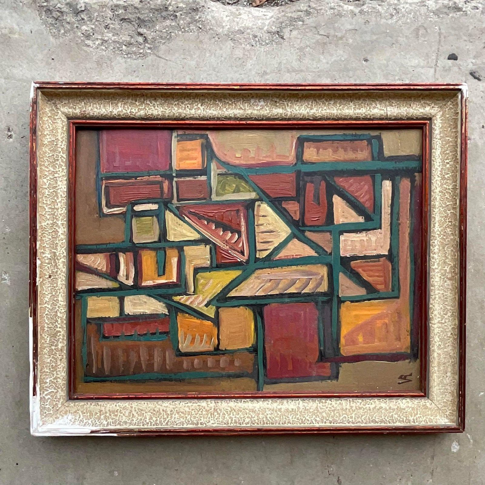 Vintage French Modernist Signed Abstract Original Oil Painting on Canvas For Sale 4