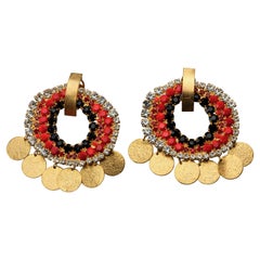 Vintage French Mogul Rhinestone Disc Charm Creole Hoop Earrings