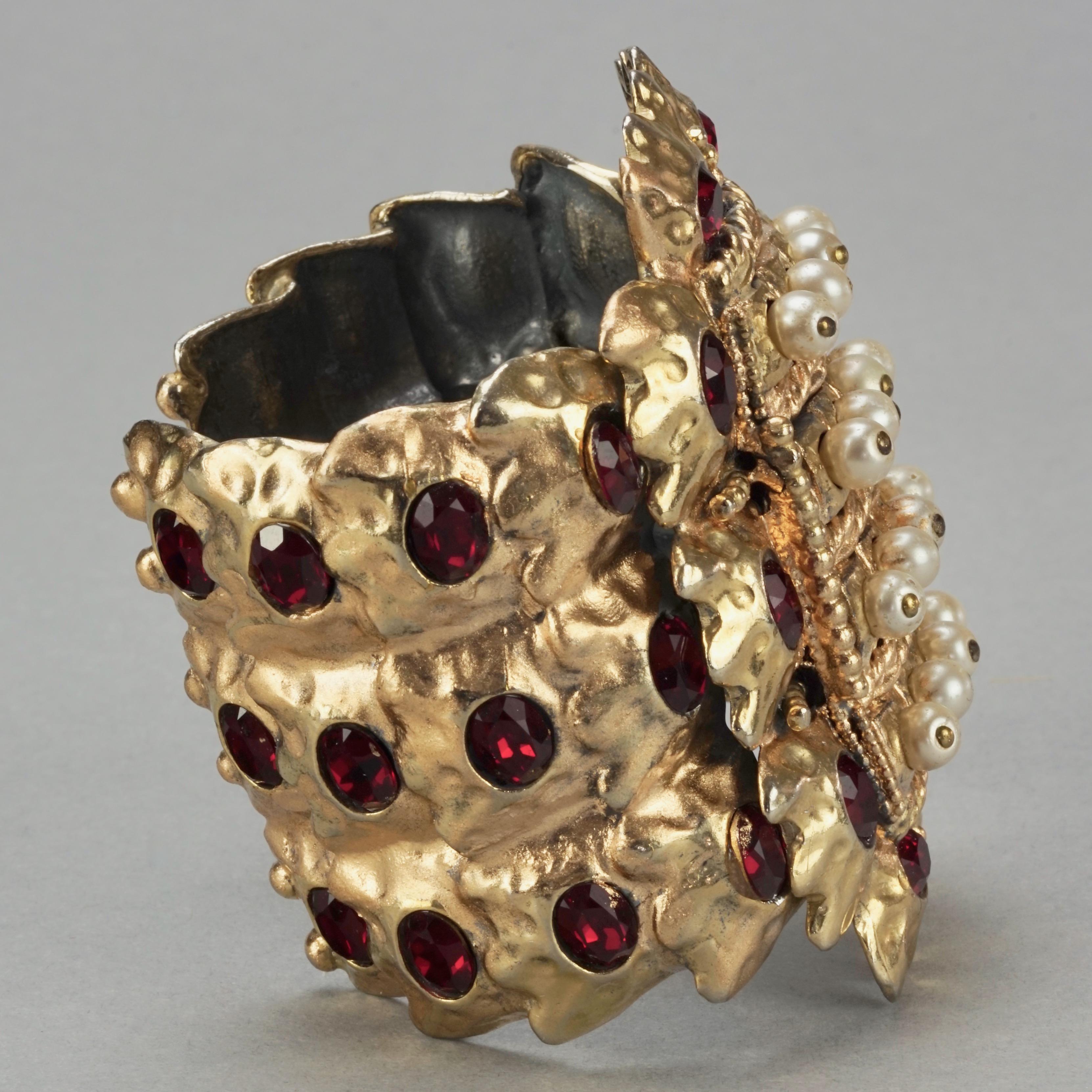 Vintage French Mogul Ruby Pearl Hammered Cuff Bracelet 1