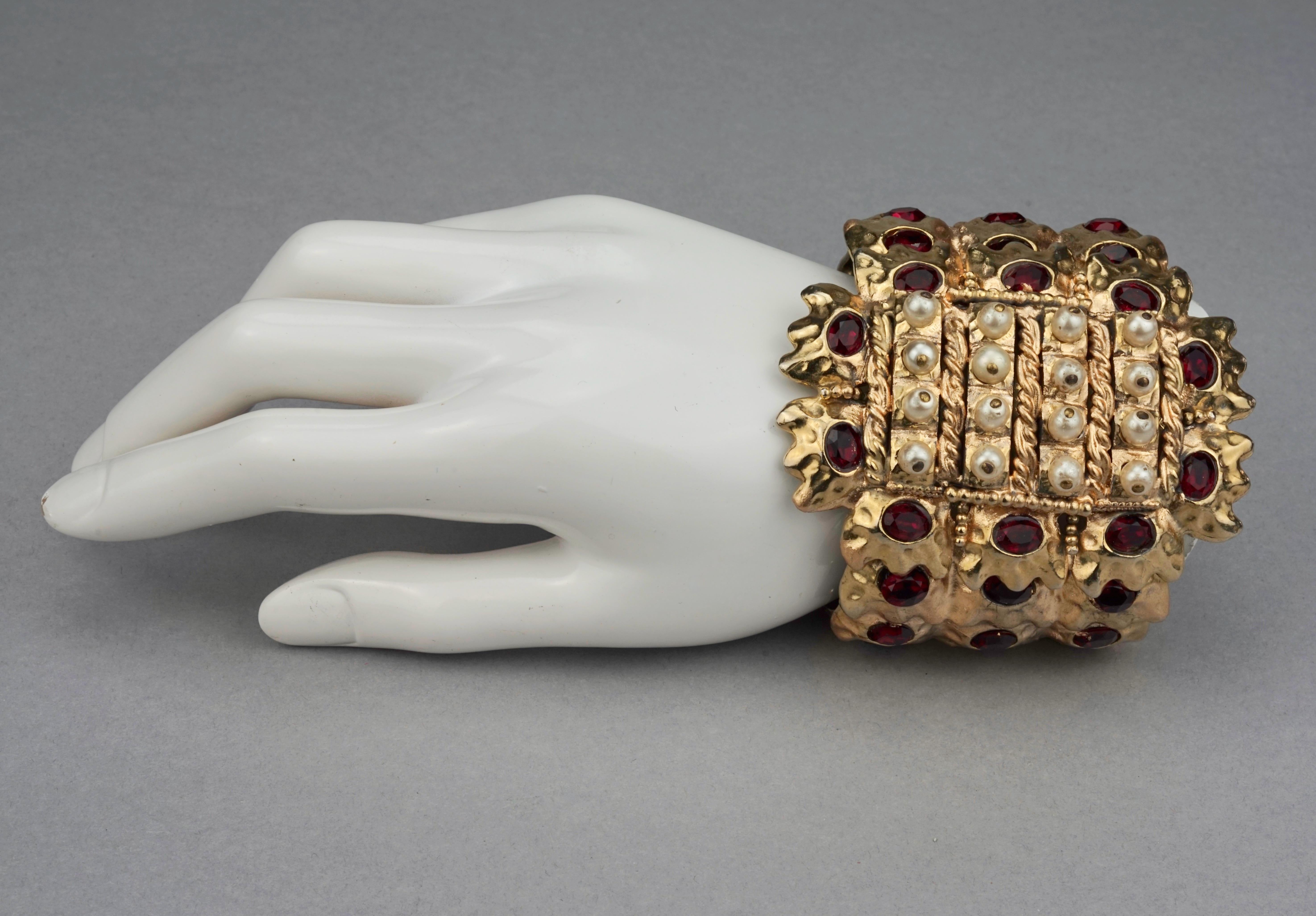 Vintage French Mogul Ruby Pearl Hammered Cuff Bracelet 2