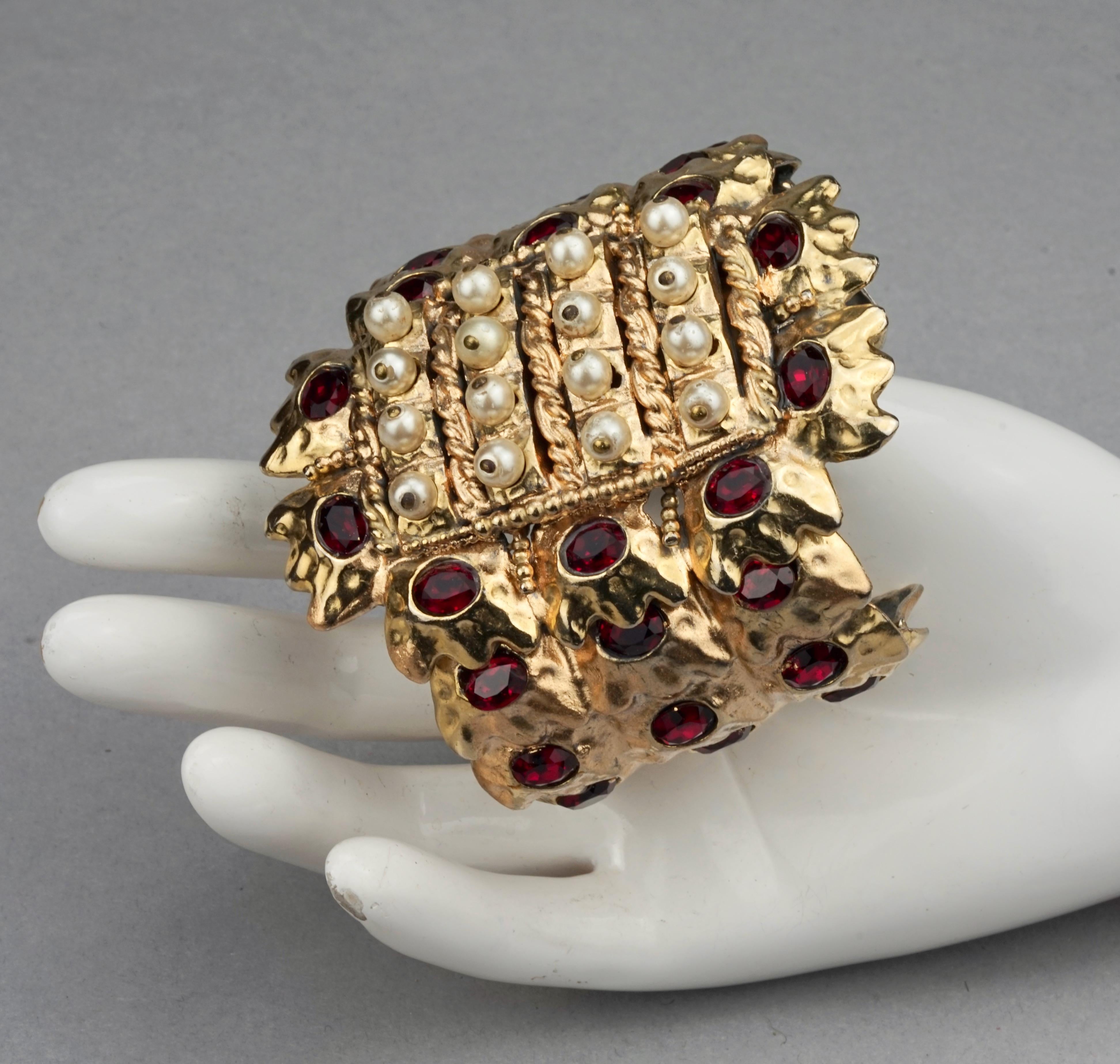 Vintage French Mogul Ruby Pearl Hammered Cuff Bracelet 3