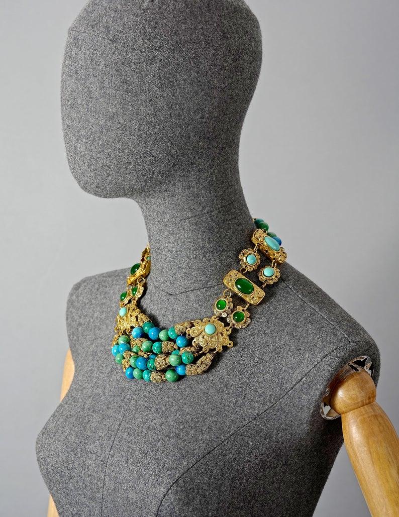 Women's Vintage French Mogul SATELLITE Glass Beads Cabochon Multi Layer Necklace For Sale