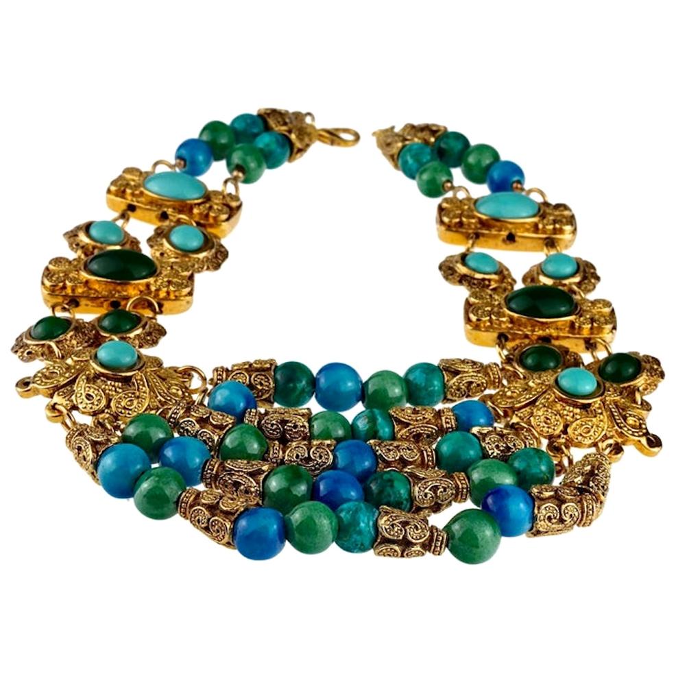 Vintage French Mogul SATELLITE Glass Beads Cabochon Multi Layer Necklace For Sale