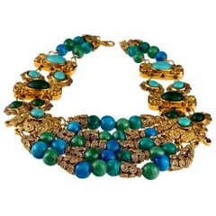 Vintage French Mogul SATELLITE Glass Beads Cabochon Multi Layer Necklace