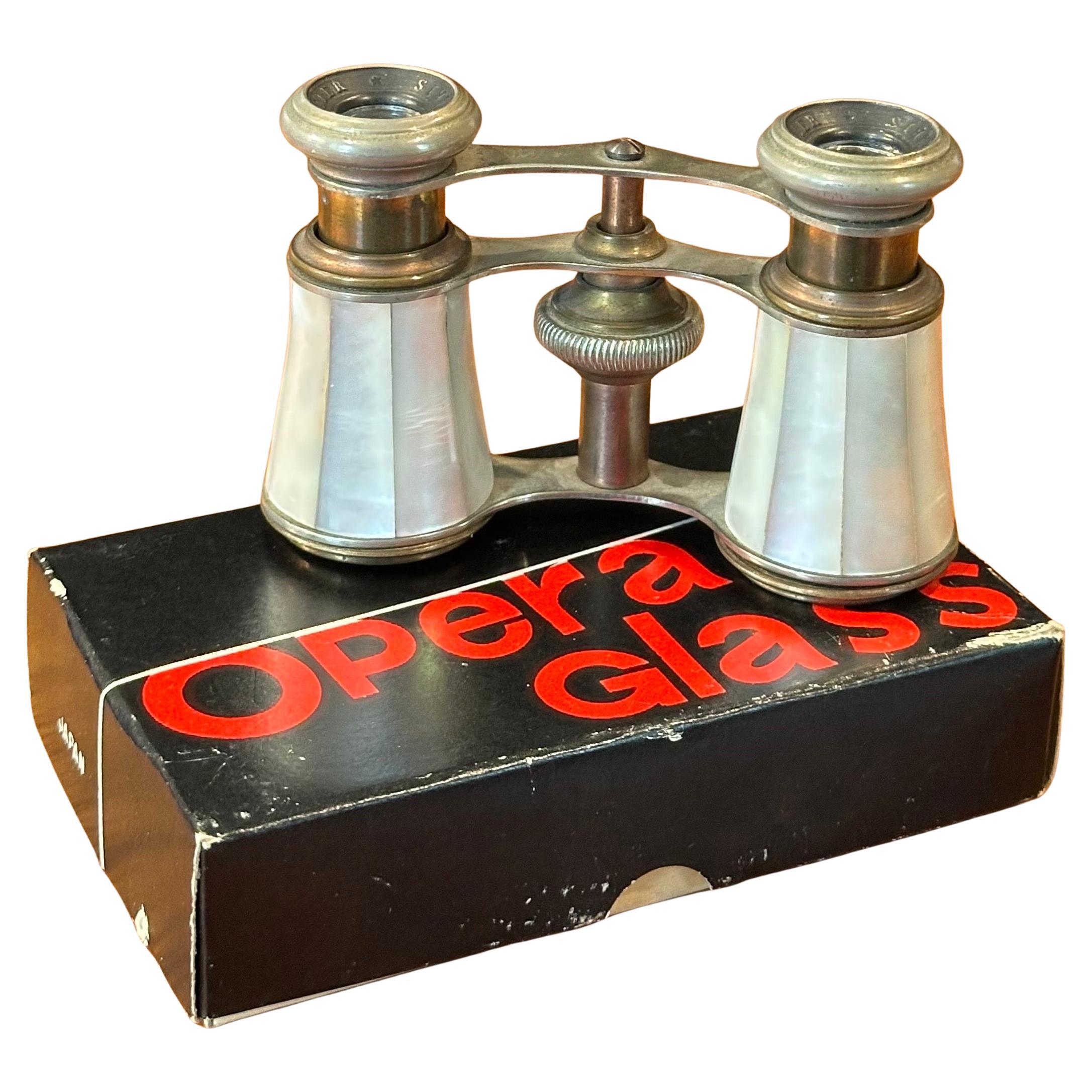 Vintage French Mother-of-Pearl and Brass Opera Glasses by Chevalier of Paris