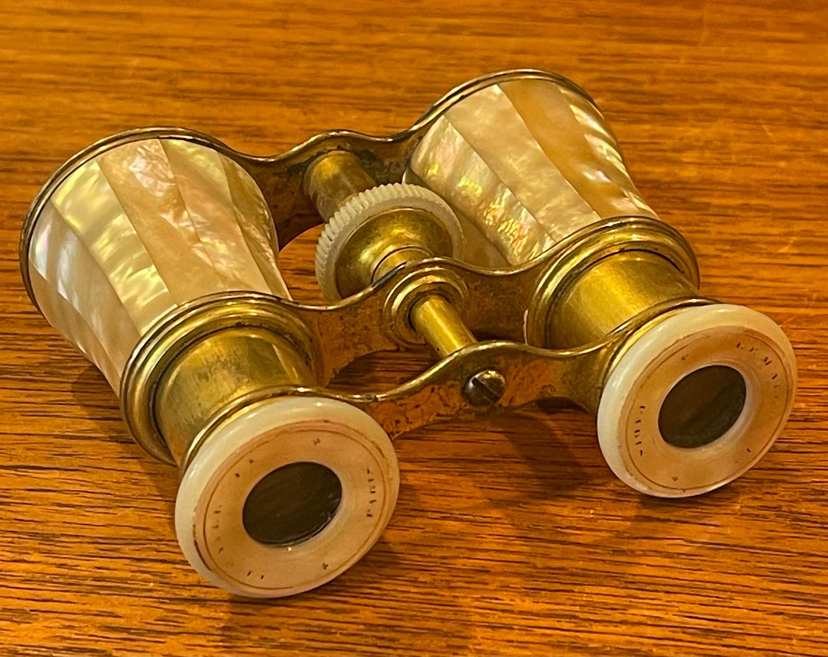 Vintage French Mother-of-Pearl & Brass Opera Glasses with Case by LeMaire Paris For Sale 5
